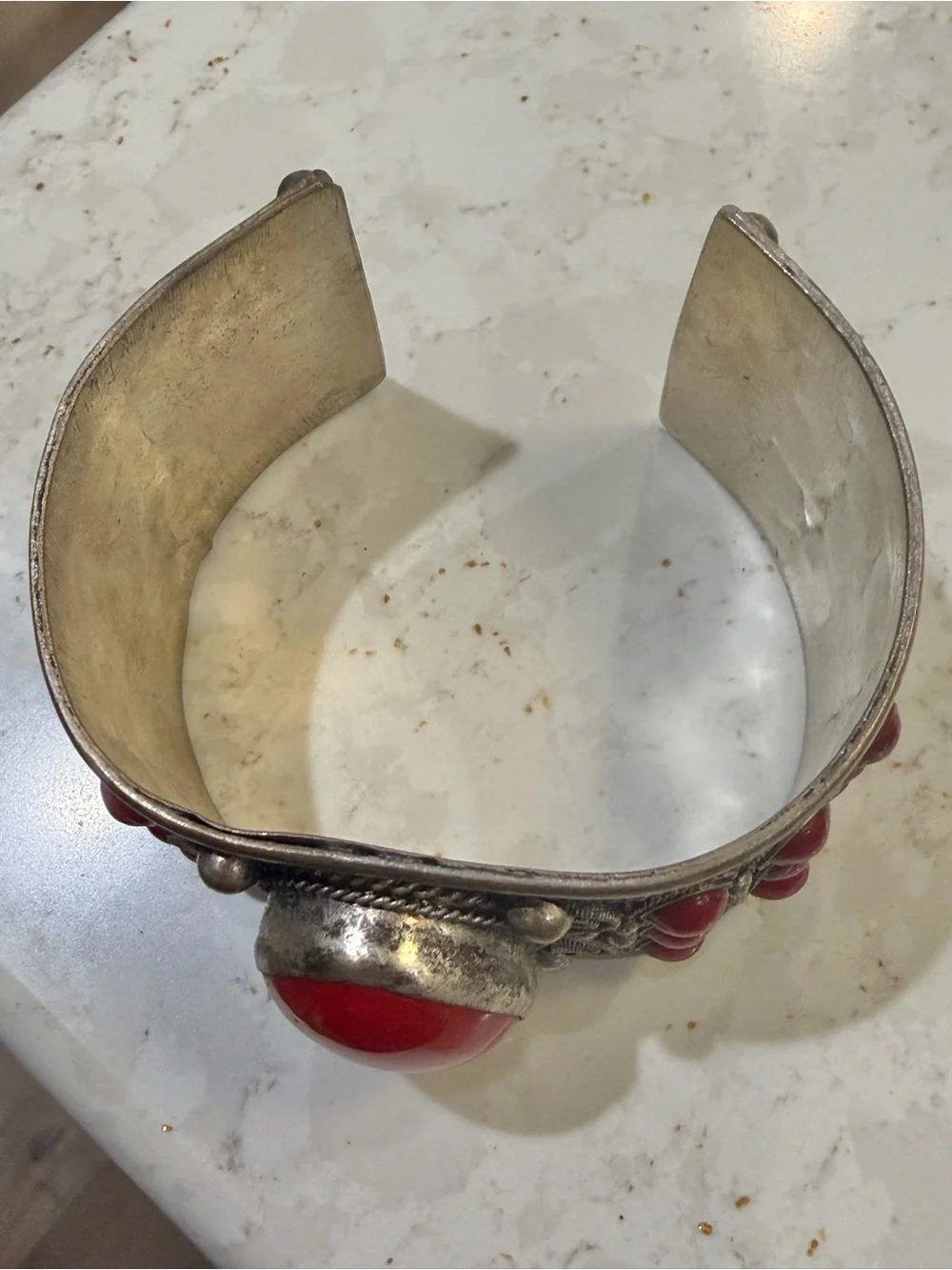 Vintage Ornate Alpaca Statement Cuff Bracelet Red Cabochon Stones